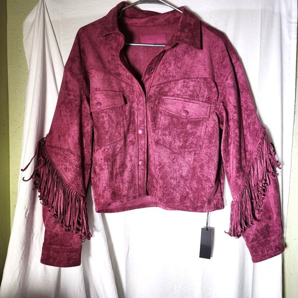 Blank NYC‎ Faux Suede Fringe Jacket Snap Closure & Chest Pockets Medium Burgundy - Picture 2 of 9